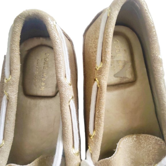 Cole Haan Loafers Bow Gold Suede Leather Slip Ons - Picture 2 of 6